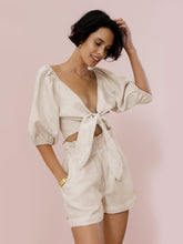 Load image into Gallery viewer, 2022Spring and Summer New Product Pure Color Fashion Sexy Cotton Linen Cardigan Top Pocket Shorts Casual Suit Set Woman 2 Pieces