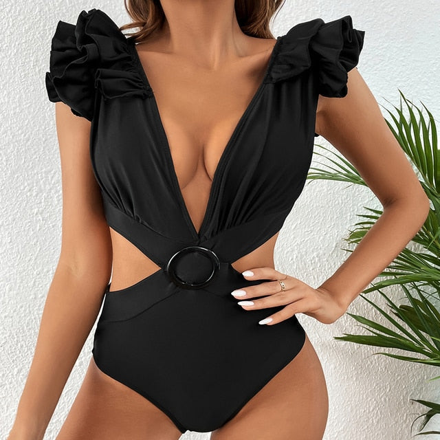 2023 New Sexy One Piece Swimsuit Solid Black Ruffle Swimwear Women Bathing Suit Beach Wear Backless Monokini Summer