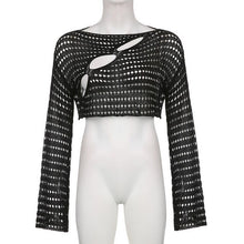 Load image into Gallery viewer, 2023 new sexy perspective broken-hole exposed navel hot girl top wearing hollow-out loose knitted blouse women&#39;s sunscreen shirt