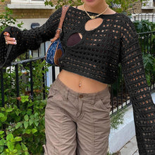 Load image into Gallery viewer, 2023 new sexy perspective broken-hole exposed navel hot girl top wearing hollow-out loose knitted blouse women&#39;s sunscreen shirt