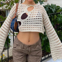Load image into Gallery viewer, 2023 new sexy perspective broken-hole exposed navel hot girl top wearing hollow-out loose knitted blouse women&#39;s sunscreen shirt