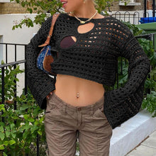 Load image into Gallery viewer, 2023 new sexy perspective broken-hole exposed navel hot girl top wearing hollow-out loose knitted blouse women&#39;s sunscreen shirt