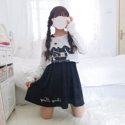 2PCS Kawaii Rabbit Lolita Dress Cute Black Cosplay Girl Dresses + Japanese Comic Tops Long Sleeve Bunny T-shirts Spring