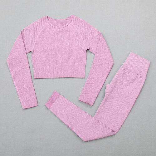 2PCS  Seamless Women Yoga Set Workout Sportswear Gym Clothing Fitness Long Sleeve Crop Top High Waist Leggings Sports Suits