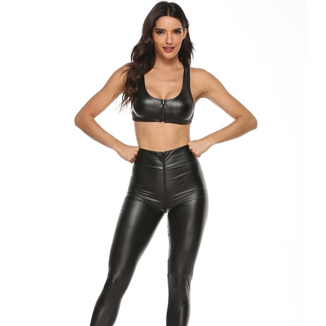 2PCS/Set Sexy PU Zipper Open Crotch Latex Pencil Pants With Vest Shiny Exotic Apparel High Elastic Clubwear Sex Party Costumes
