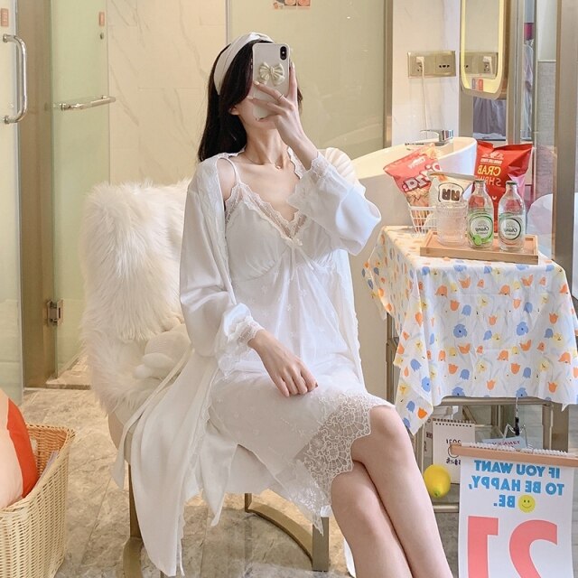 2PCS Sexy Lace Lingerie Nightgowns Robe Sets for Women Korean Summer Silk Satin Bathrobe Sleepwear Nightdress Night Dress Nighty