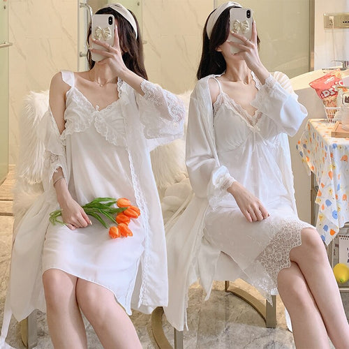 2PCS Sexy Lace Lingerie Nightgowns Robe Sets for Women Korean Summer Silk Satin Bathrobe Sleepwear Nightdress Night Dress Nighty