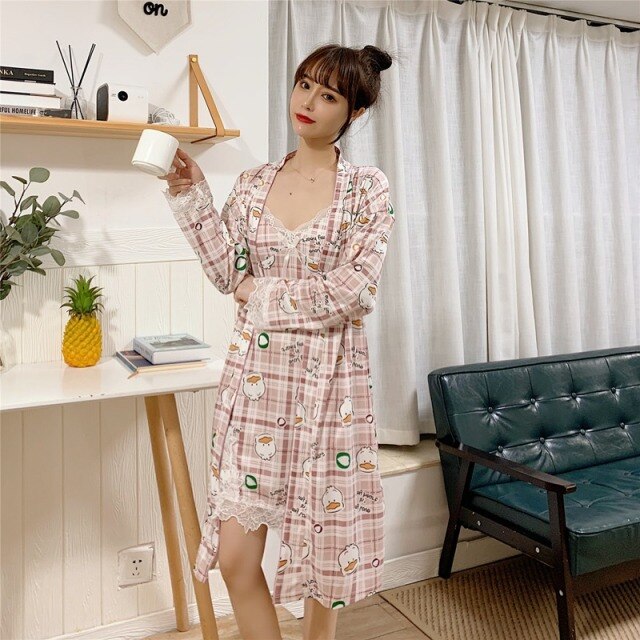 2PCS Sexy Lingerie Nightgowns Robes Sets for Women Summer Casual Plaid Bathrobes Sleepwear Nightdress Night Dress Two Piece Set