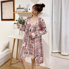 Load image into Gallery viewer, 2PCS Sexy Lingerie Nightgowns Robes Sets for Women Summer Casual Plaid Bathrobes Sleepwear Nightdress Night Dress Two Piece Set