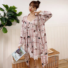 Load image into Gallery viewer, 2PCS Sexy Lingerie Nightgowns Robes Sets for Women Summer Casual Plaid Bathrobes Sleepwear Nightdress Night Dress Two Piece Set