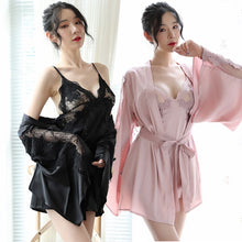 Load image into Gallery viewer, 2PCS Silk Satin Lace Sexy Lingerie Mini Dress Nightgowns Robes Sets for Women Summer Bathrobe Sleepwear Nightdress Night Dress