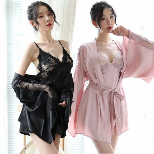 2PCS Silk Satin Lace Sexy Lingerie Mini Dress Nightgowns Robes Sets for Women Summer Bathrobe Sleepwear Nightdress Night Dress