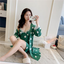 Load image into Gallery viewer, 2PCS Silk Satin Polka Dot Lace Sexy Lingerie Nightgowns Robes Set for Women New Summer Sleepwear Bathrobe Nightdress Night Dress