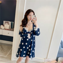 Load image into Gallery viewer, 2PCS Silk Satin Polka Dot Lace Sexy Lingerie Nightgowns Robes Set for Women New Summer Sleepwear Bathrobe Nightdress Night Dress