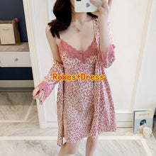 Load image into Gallery viewer, 2PCS Silk Satin Sexy Leopard Lace Lingerie Nightgowns Robe Sets Women 2021 Summer Bathrobe Sleepwear Suit Nightdress Night Dress