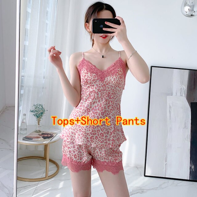 2PCS Silk Satin Sexy Leopard Lace Lingerie Nightgowns Robe Sets Women 2021 Summer Bathrobe Sleepwear Suit Nightdress Night Dress