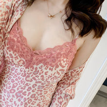 Load image into Gallery viewer, 2PCS Silk Satin Sexy Leopard Lace Lingerie Nightgowns Robe Sets Women 2021 Summer Bathrobe Sleepwear Suit Nightdress Night Dress