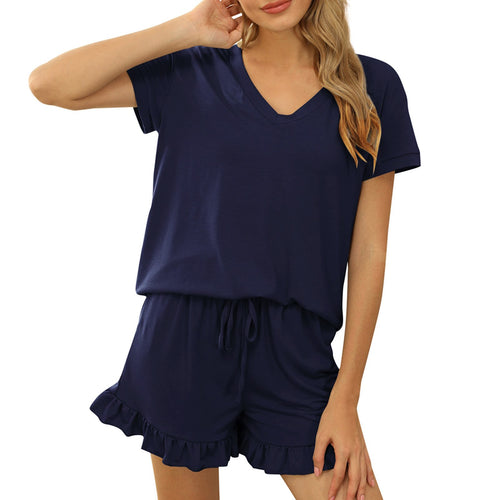 2PCS Women Pajamas Spring Summer Sleepwear Solid Color Nightwear Tees and  Shorts Drawstring Ruched Comfortable Home Wear  Mujer