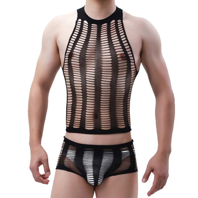 2Pcs Mens Sexy Costume See-through Mesh Lingerie Set Fishnet T-shirts Top with Low Waist Hollow Out Briefs Underwear Swimwear