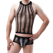 Load image into Gallery viewer, 2Pcs Mens Sexy Costume See-through Mesh Lingerie Set Fishnet T-shirts Top with Low Waist Hollow Out Briefs Underwear Swimwear