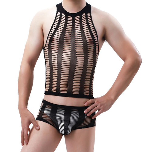 2Pcs Mens Sexy Costume See-through Mesh Lingerie Set Fishnet T-shirts Top with Low Waist Hollow Out Briefs Underwear Swimwear