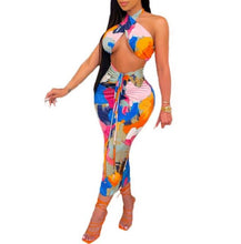 Load image into Gallery viewer, 2Pcs Women Summer Outfit Contrast Color Halter Neck Tops Backless Crop Tops High-Waist Slim Skirt Printed Skirt Sexy Long Skirt