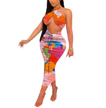 Load image into Gallery viewer, 2Pcs Women Summer Outfit Contrast Color Halter Neck Tops Backless Crop Tops High-Waist Slim Skirt Printed Skirt Sexy Long Skirt