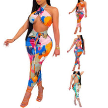 Load image into Gallery viewer, 2Pcs Women Summer Outfit Contrast Color Halter Neck Tops Backless Crop Tops High-Waist Slim Skirt Printed Skirt Sexy Long Skirt