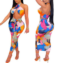 Load image into Gallery viewer, 2Pcs Women Summer Outfit Contrast Color Halter Neck Tops Backless Crop Tops High-Waist Slim Skirt Printed Skirt Sexy Long Skirt