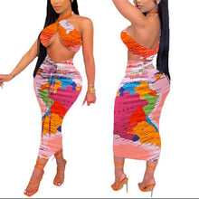 Load image into Gallery viewer, 2Pcs Women Summer Outfit Contrast Color Halter Neck Tops Backless Crop Tops High-Waist Slim Skirt Printed Skirt Sexy Long Skirt