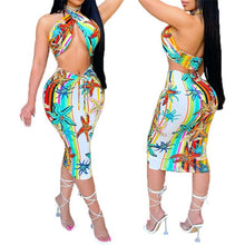 Load image into Gallery viewer, 2Pcs Women Summer Outfit Contrast Color Halter Neck Tops Backless Crop Tops High-Waist Slim Skirt Printed Skirt Sexy Long Skirt