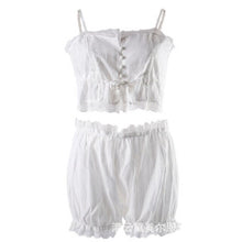 Load image into Gallery viewer, 2Pcs Women&#39;s Court Style Pajamas Sexy Button Up with Shorts Lacy Trim Sleeveless Cotton Homewear Female Casual Underwear Set