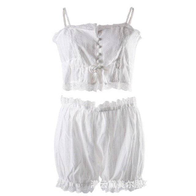 2Pcs Women's Court Style Pajamas Sexy Button Up with Shorts Lacy Trim Sleeveless Cotton Homewear Female Casual Underwear Set