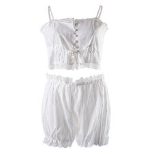 Load image into Gallery viewer, 2Pcs Women&#39;s Court Style Pajamas Sexy Button Up with Shorts Lacy Trim Sleeveless Cotton Homewear Female Casual Underwear Set