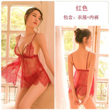 Load image into Gallery viewer, 3 Colors Women Sexy Deep V Hollow Embroidery Backless Nightgowns  Lace Tulle Lingerie Perspective Front Buckle Strap Sleepwear