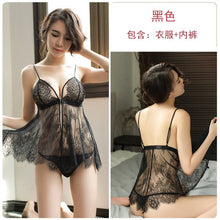 Load image into Gallery viewer, 3 Colors Women Sexy Deep V Hollow Embroidery Backless Nightgowns  Lace Tulle Lingerie Perspective Front Buckle Strap Sleepwear