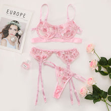 Load image into Gallery viewer, 3 PCS Set Sensual Lingerie Woman Floral Embroidery Lace Lingerie Sexy Brief Sets Woman with Waistband Erotic Lingerie Bra Thong