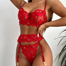 Load image into Gallery viewer, 3 PCS Set Sexy Floral Embroider Underwear Transparent Erotic Costumes with Garter Thong Sensual Exotic Bra Women&#39;s Lingerie Set