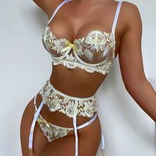 Load image into Gallery viewer, 3 PCS Set Sexy Floral Embroider Underwear Transparent Erotic Costumes with Garter Thong Sensual Exotic Bra Women&#39;s Lingerie Set