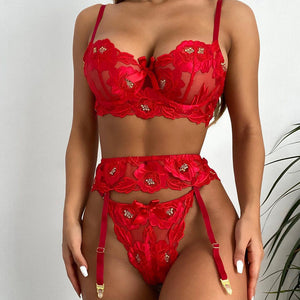 3 PCS Set Sexy Floral Embroider Underwear Transparent Erotic Costumes with Garter Thong Sensual Exotic Bra Women&#39;s Lingerie Set