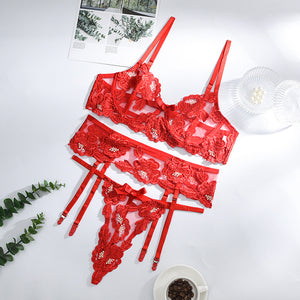 3 PCS Set Sexy Floral Embroider Underwear Transparent Erotic Costumes with Garter Thong Sensual Exotic Bra Women&#39;s Lingerie Set