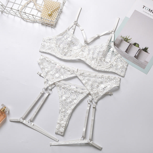 3 PCS Set Women Sexy Embroider Sensual Lingerie Underwear Garters Pink Flower Erotic Bra Transparent Exotic Lingerie Underwear