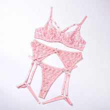 Load image into Gallery viewer, 3 PCS Set Women Sexy Embroider Sensual Lingerie Underwear Garters Pink Flower Erotic Bra Transparent Exotic Lingerie Underwear