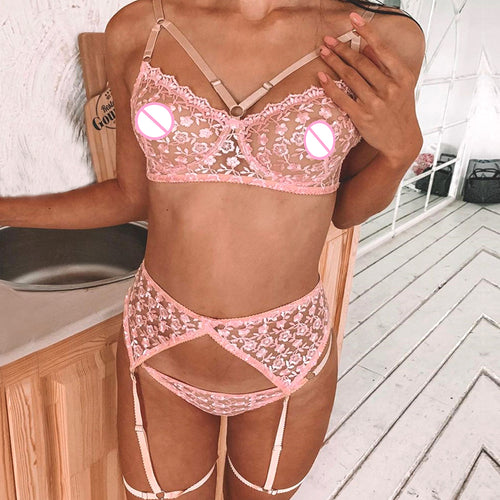 3 PCS Set Women Sexy Embroider Sensual Lingerie Underwear Garters Pink Flower Erotic Bra Transparent Exotic Lingerie Underwear