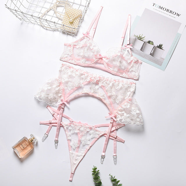 3 PCS Set Women Sexy Embroider Underwear Transparent Erotic Costumes Garter Set Bra and Thong Sensual Lingerie Exotic Underwire