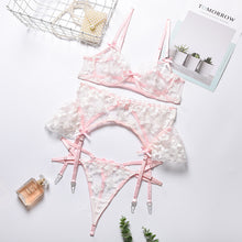 Load image into Gallery viewer, 3 PCS Set Women Sexy Embroider Underwear Transparent Erotic Costumes Garter Set Bra and Thong Sensual Lingerie Exotic Underwire