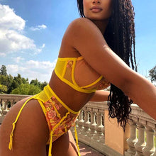 Load image into Gallery viewer, 3 PCS Set Women Sexy Floral Embroidery Transparent Underwear Garters Underwire Bra and Briefs Set Sensual Lingerie Exotic