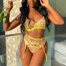 Load image into Gallery viewer, 3 PCS Set Women Sexy Floral Embroidery Transparent Underwear Garters Underwire Bra and Briefs Set Sensual Lingerie Exotic