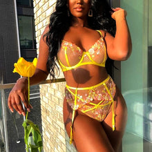 Load image into Gallery viewer, 3 PCS Set Women Sexy Floral Embroidery Transparent Underwear Garters Underwire Bra and Briefs Set Sensual Lingerie Exotic