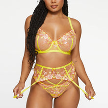Load image into Gallery viewer, 3 PCS Set Women Sexy Floral Embroidery Transparent Underwear Garters Underwire Bra and Briefs Set Sensual Lingerie Exotic